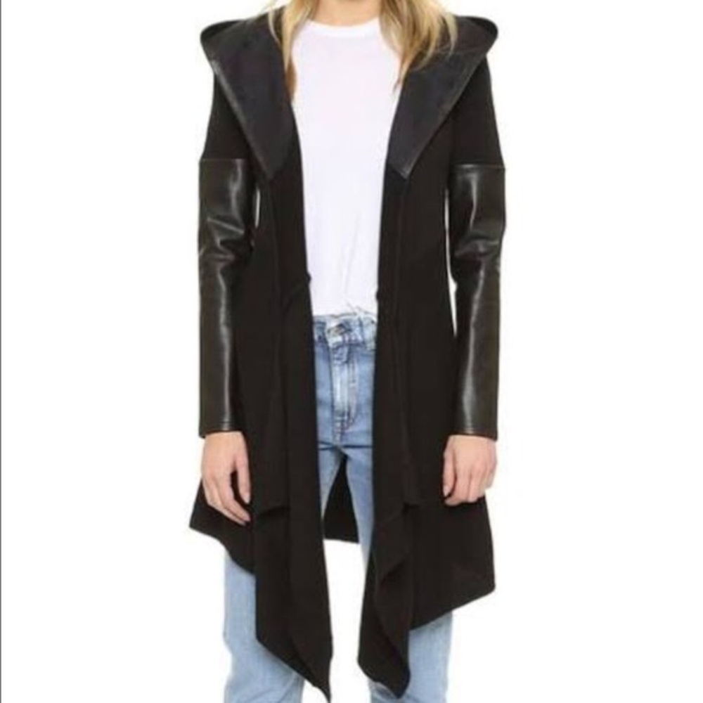 BlankNYC Faux Leather Trim Long Hooded Cardigan